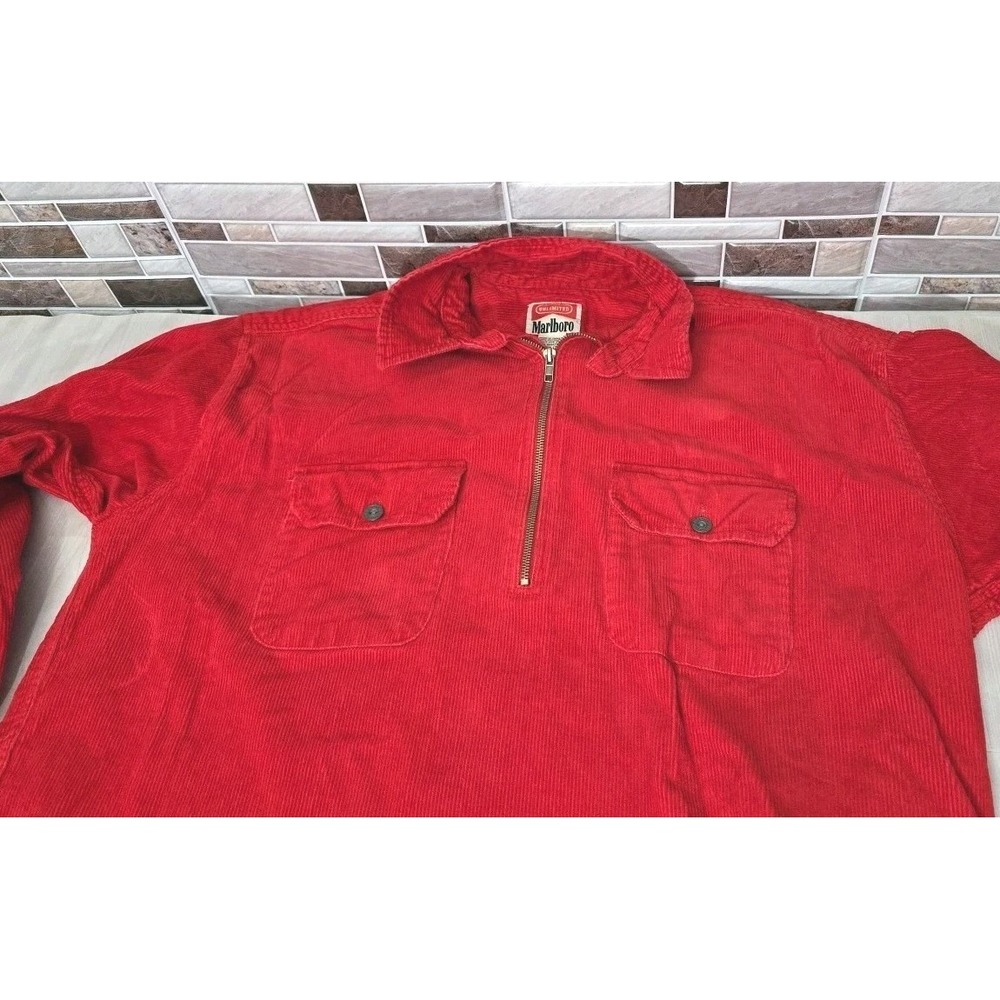 Vintage 90s Marlboro Red Corduroy Half-Zip Shirt Men's M Baggy Fit Western...